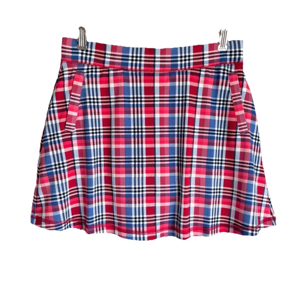 T By Talbots Petite Medium Red Blue Plaid Skort Pockets Elastic Waist Skirt